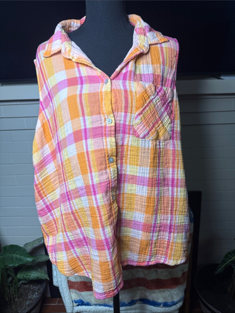 Time and Tru Pink, Orange & White Plaid Button-Front Cotton Gauze Shirt